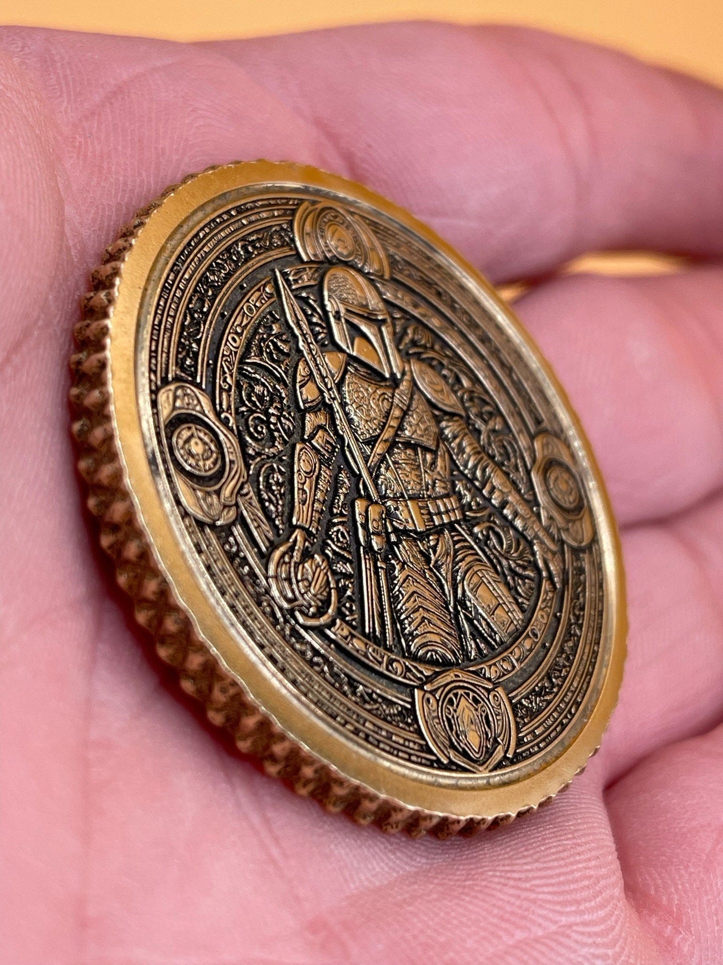 Legendary Bounty - Brass Coin or Pendant with Mandalorian and Scrollwork Patterns
