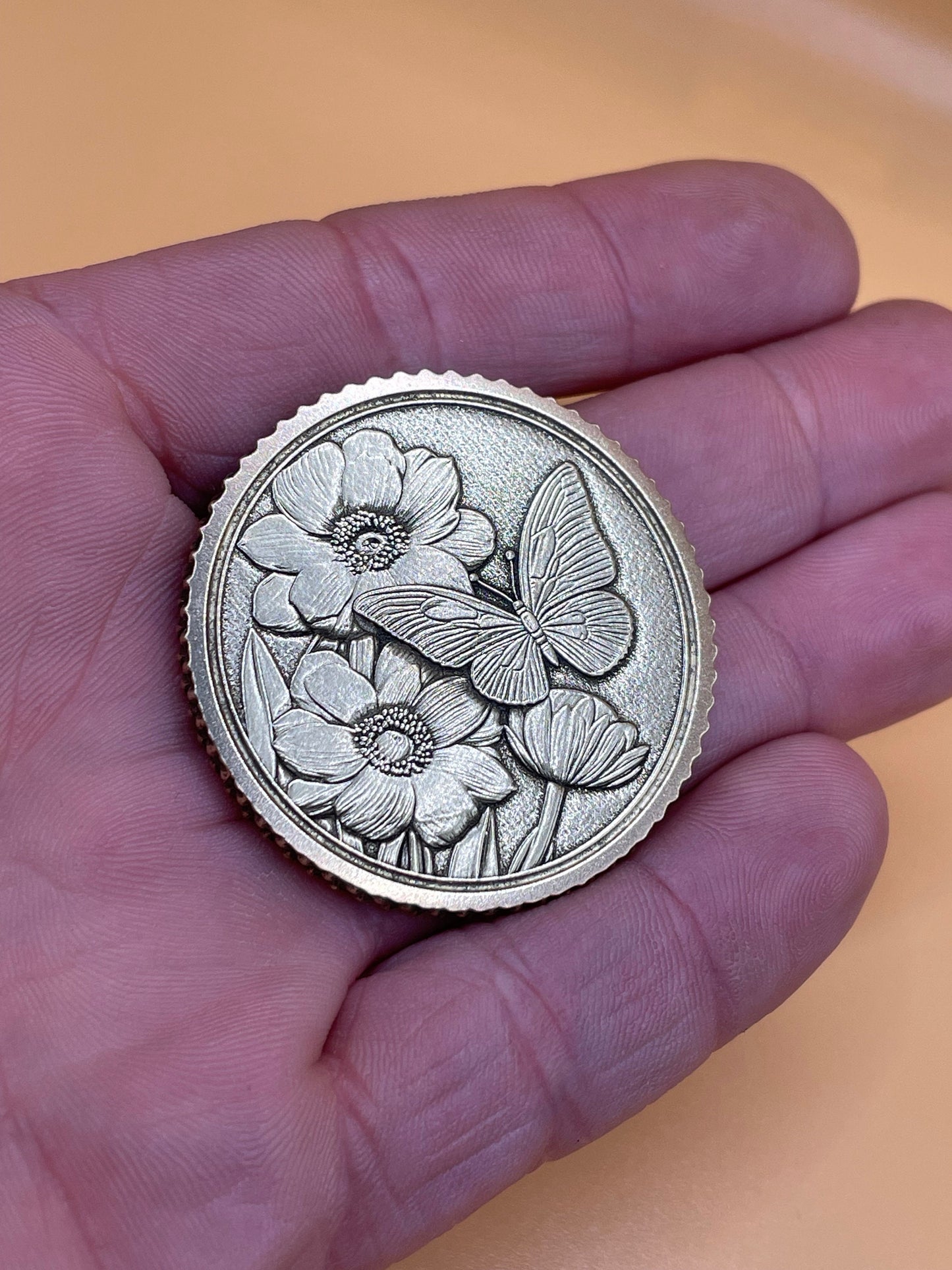 Graceful Landing - Butterfly and Floral Delight Brass Coin
