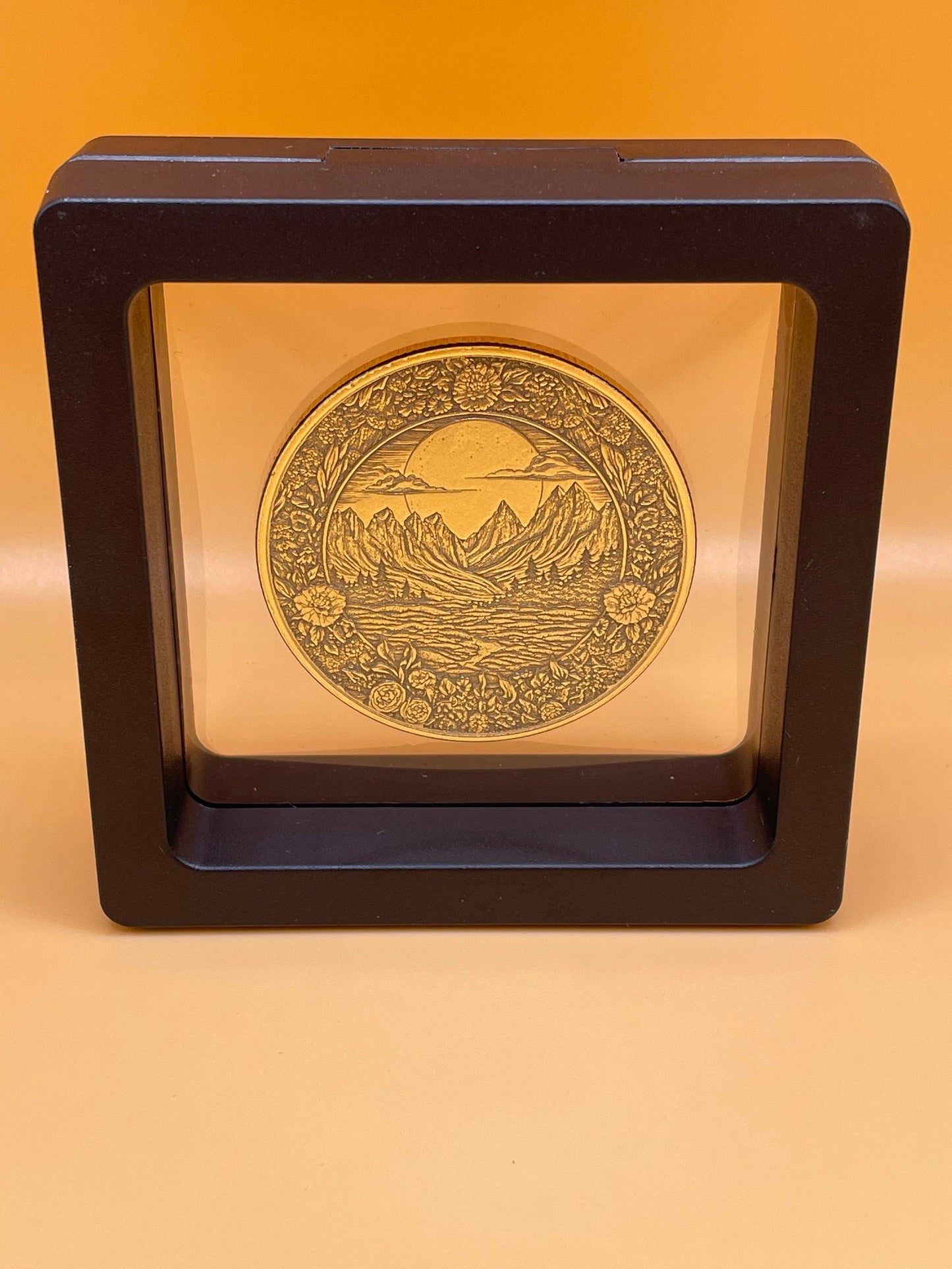 Sunset Serenity - Mountain and Tree Landscape Brass Coin