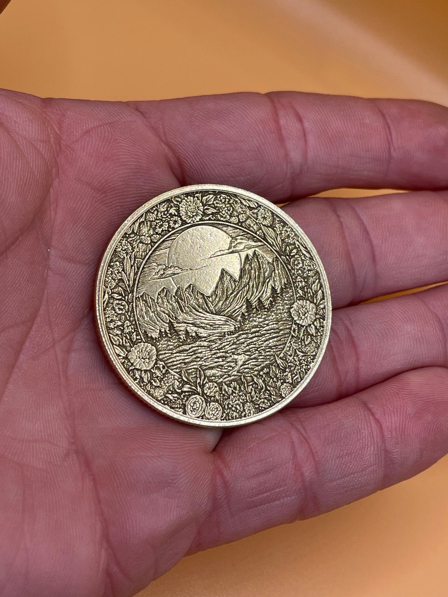 Sunset Serenity - Mountain and Tree Landscape Brass Coin