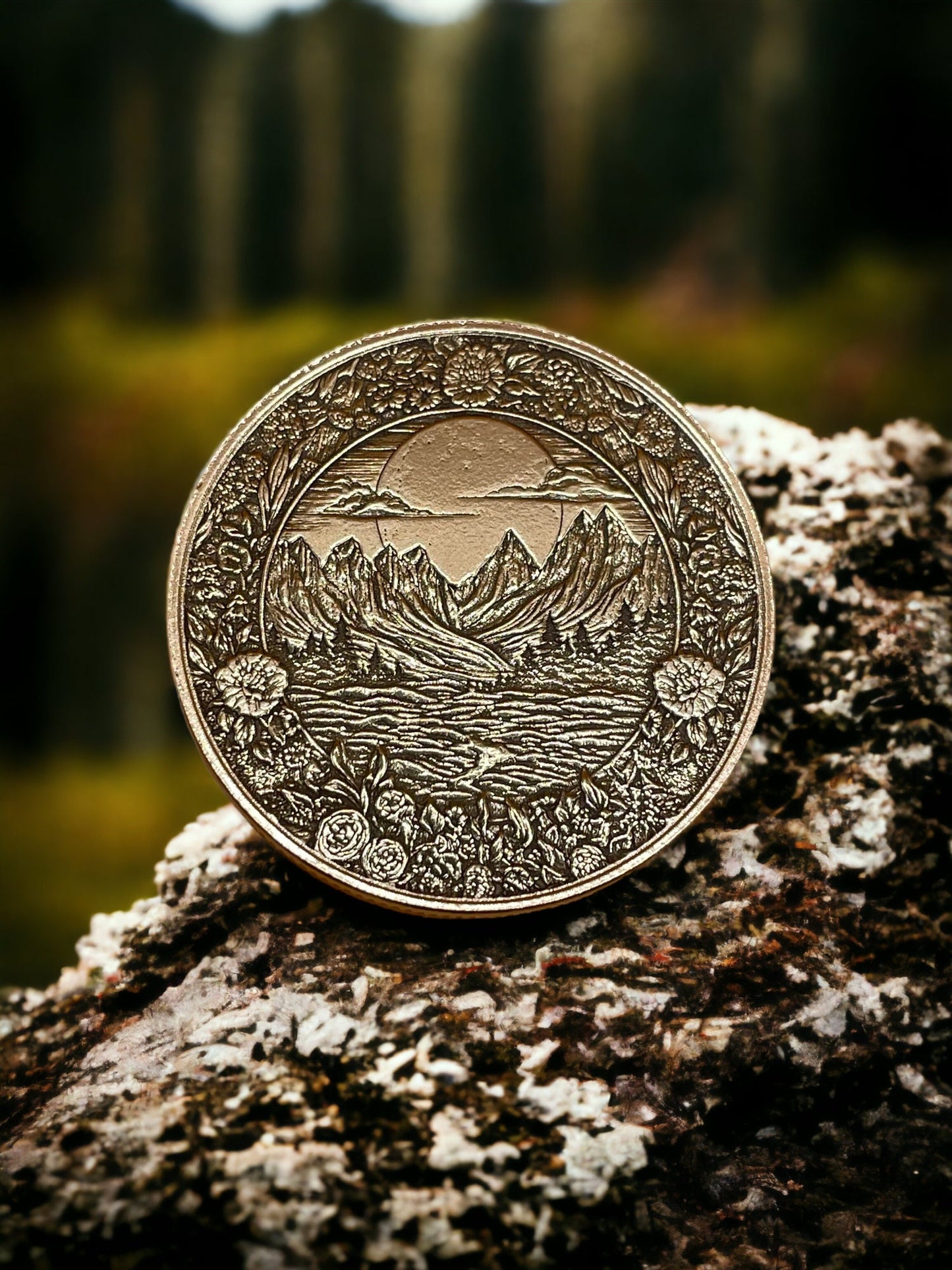 Sunset Serenity - Mountain and Tree Landscape Brass Coin