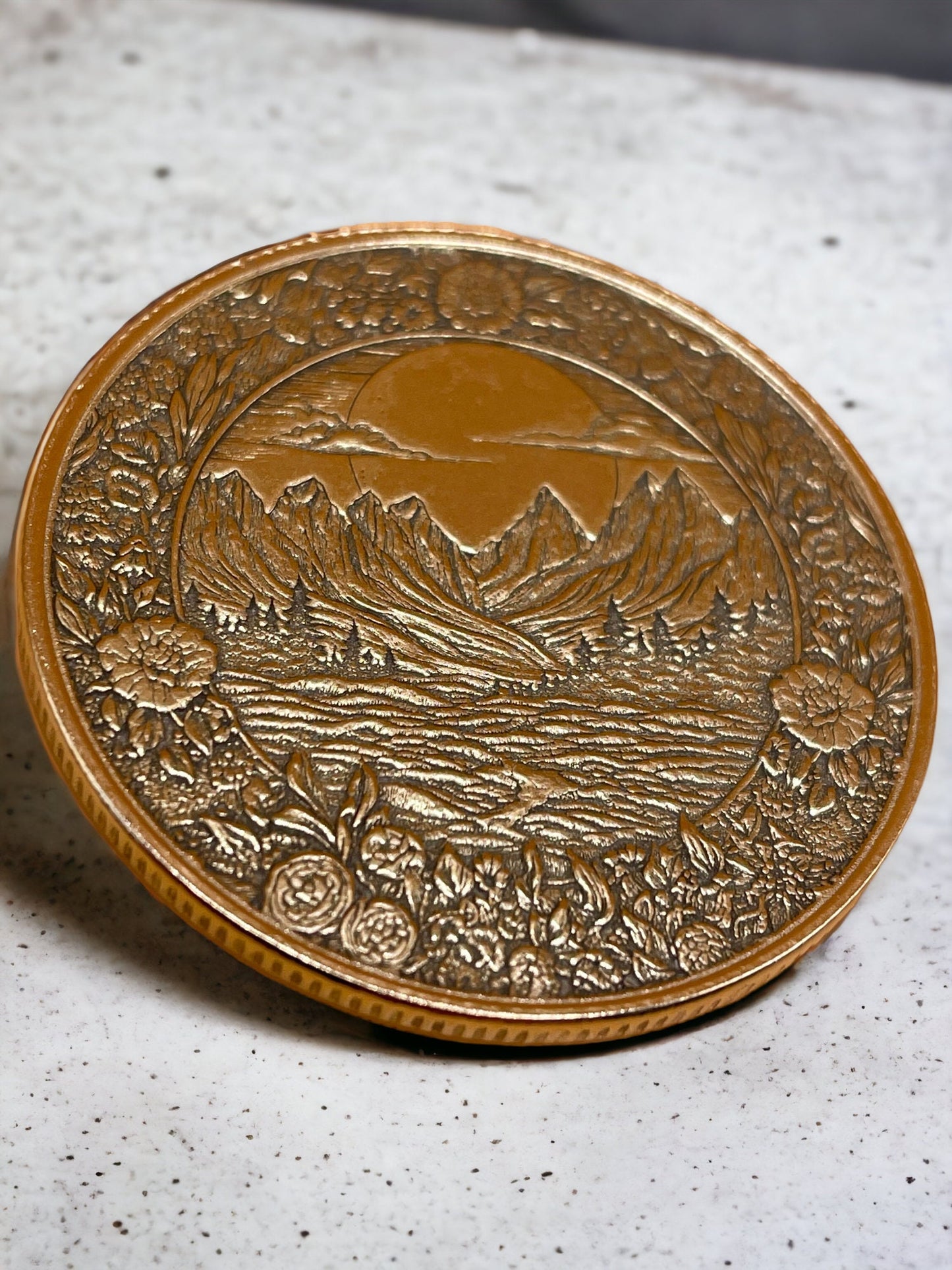 Sunset Serenity - Mountain and Tree Landscape Brass Coin