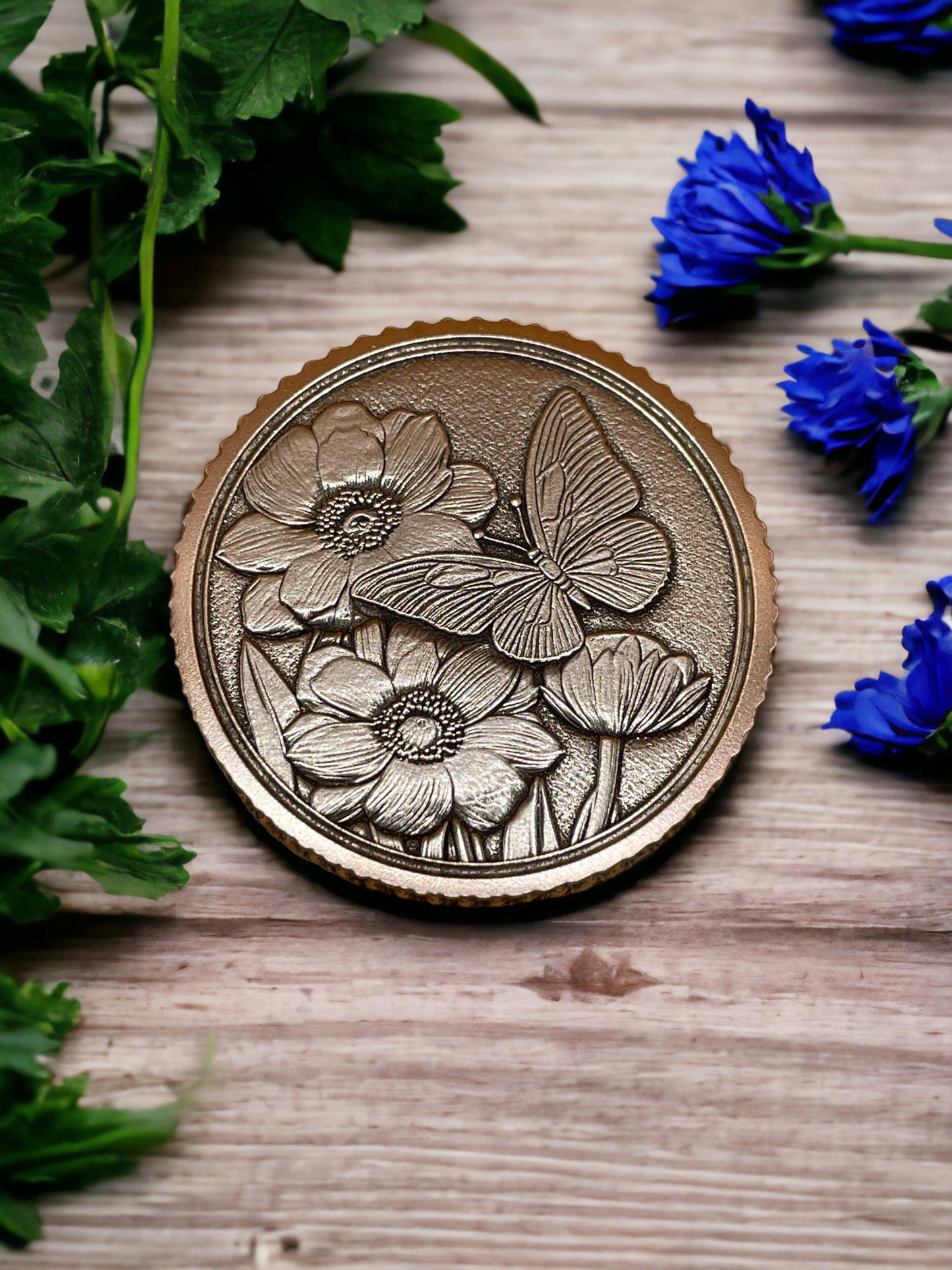 Graceful Landing - Butterfly and Floral Delight Brass Coin