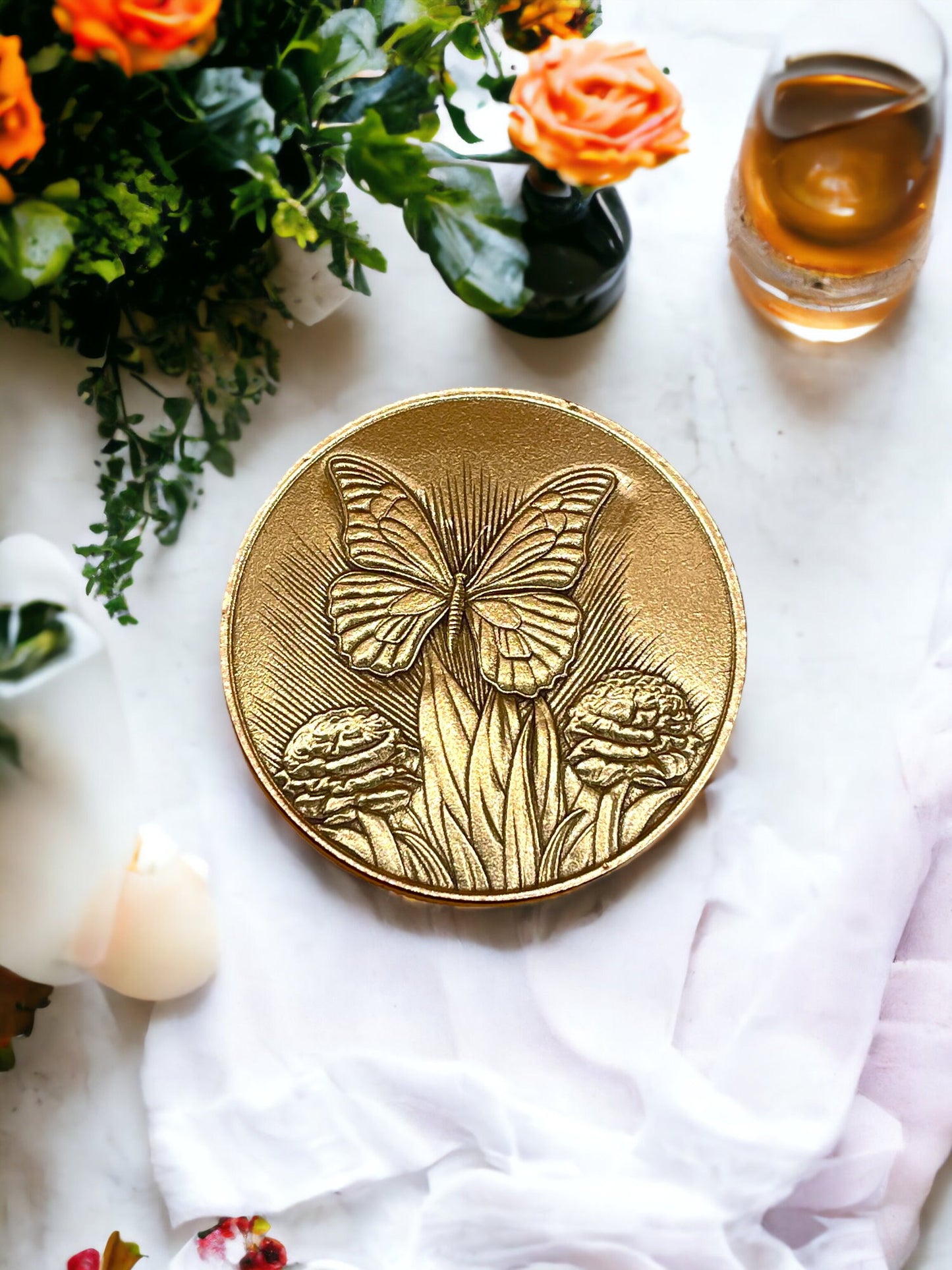 Whimsical Flutter - Brass Coin with Butterfly and Hydrangeas
