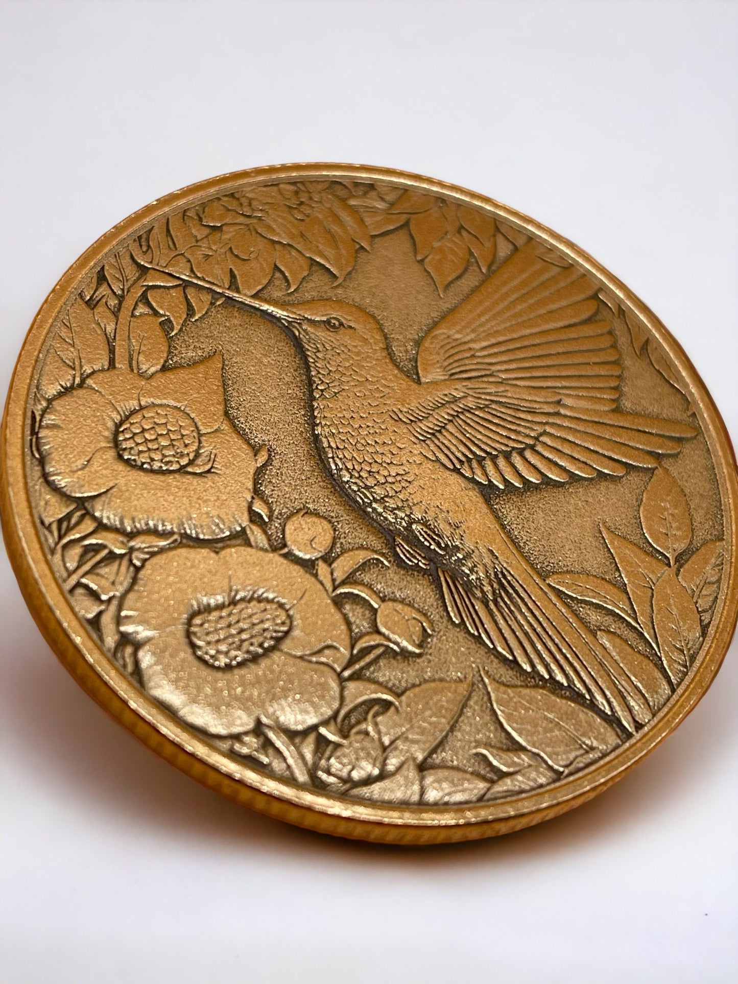 Graceful Flutter - Brass Coin with Hummingbird and Floral Delight