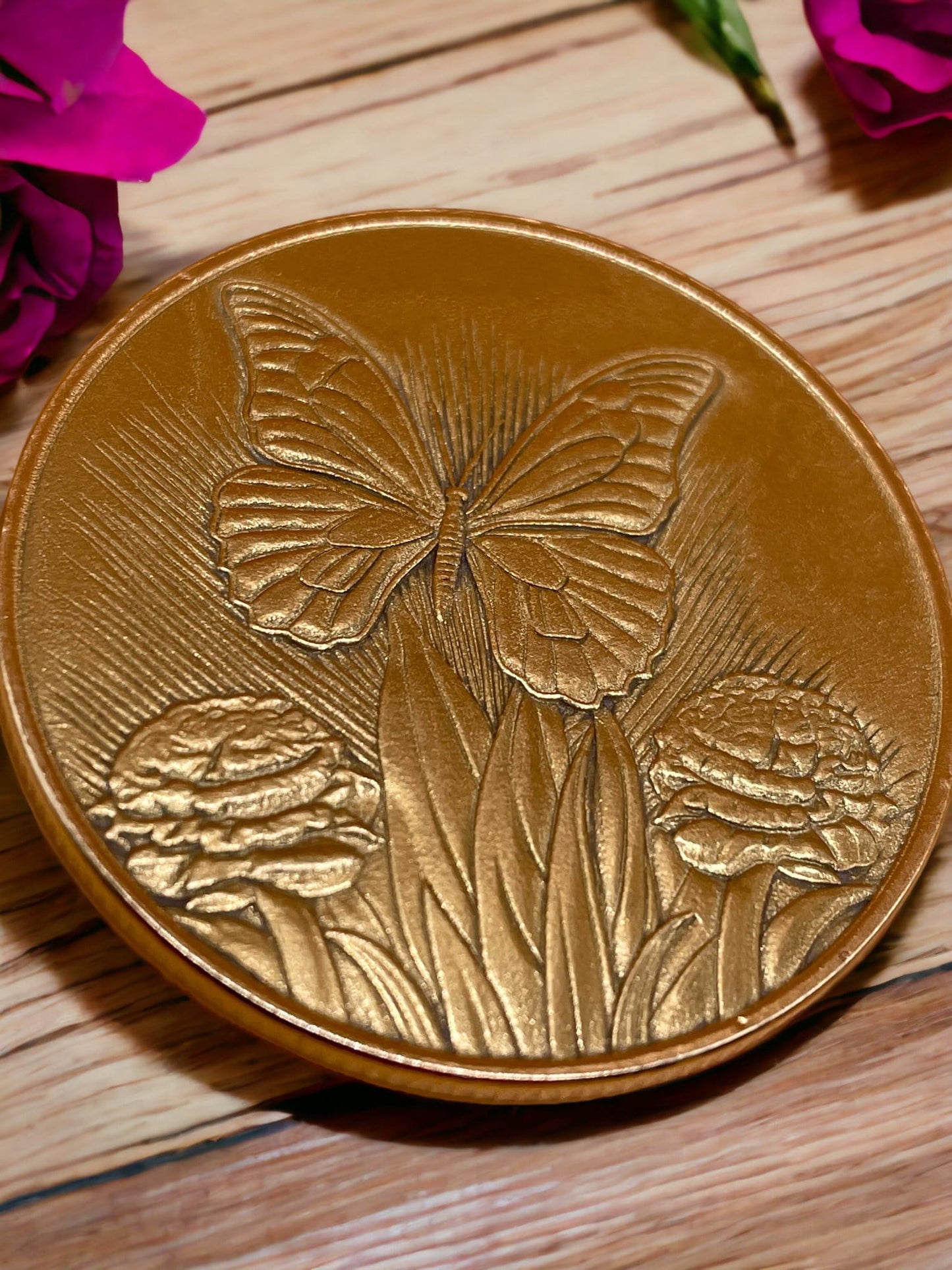 Whimsical Flutter - Brass Coin with Butterfly and Hydrangeas