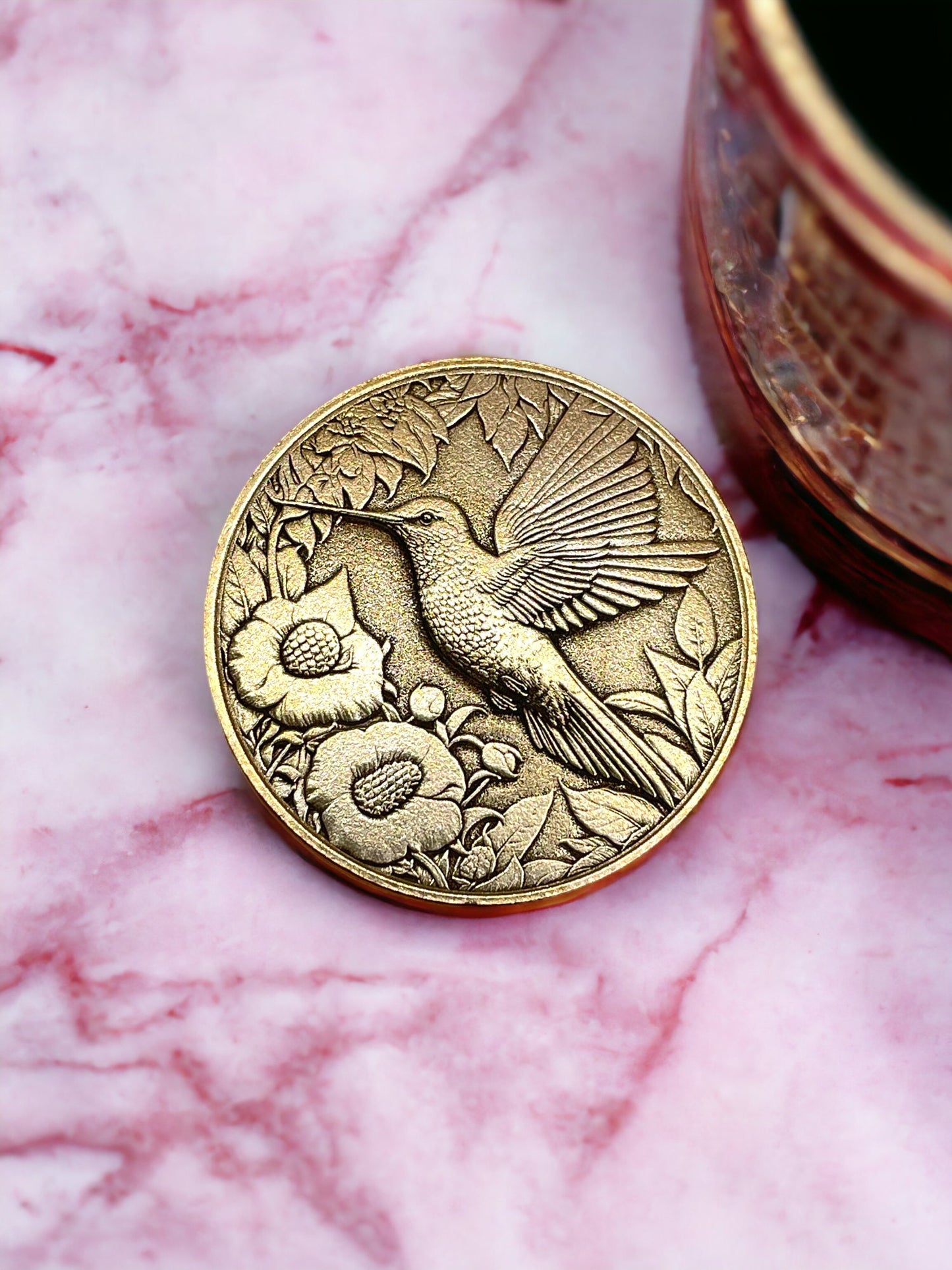 Graceful Flutter - Brass Coin with Hummingbird and Floral Delight