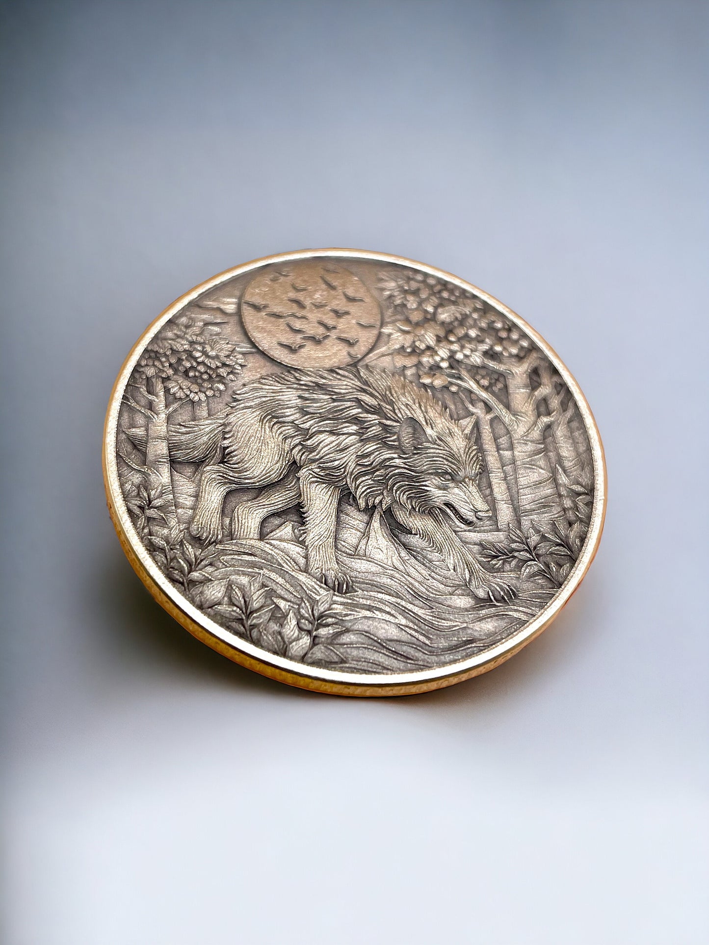 Moonlit Guardian - Brass Coin with Wolf