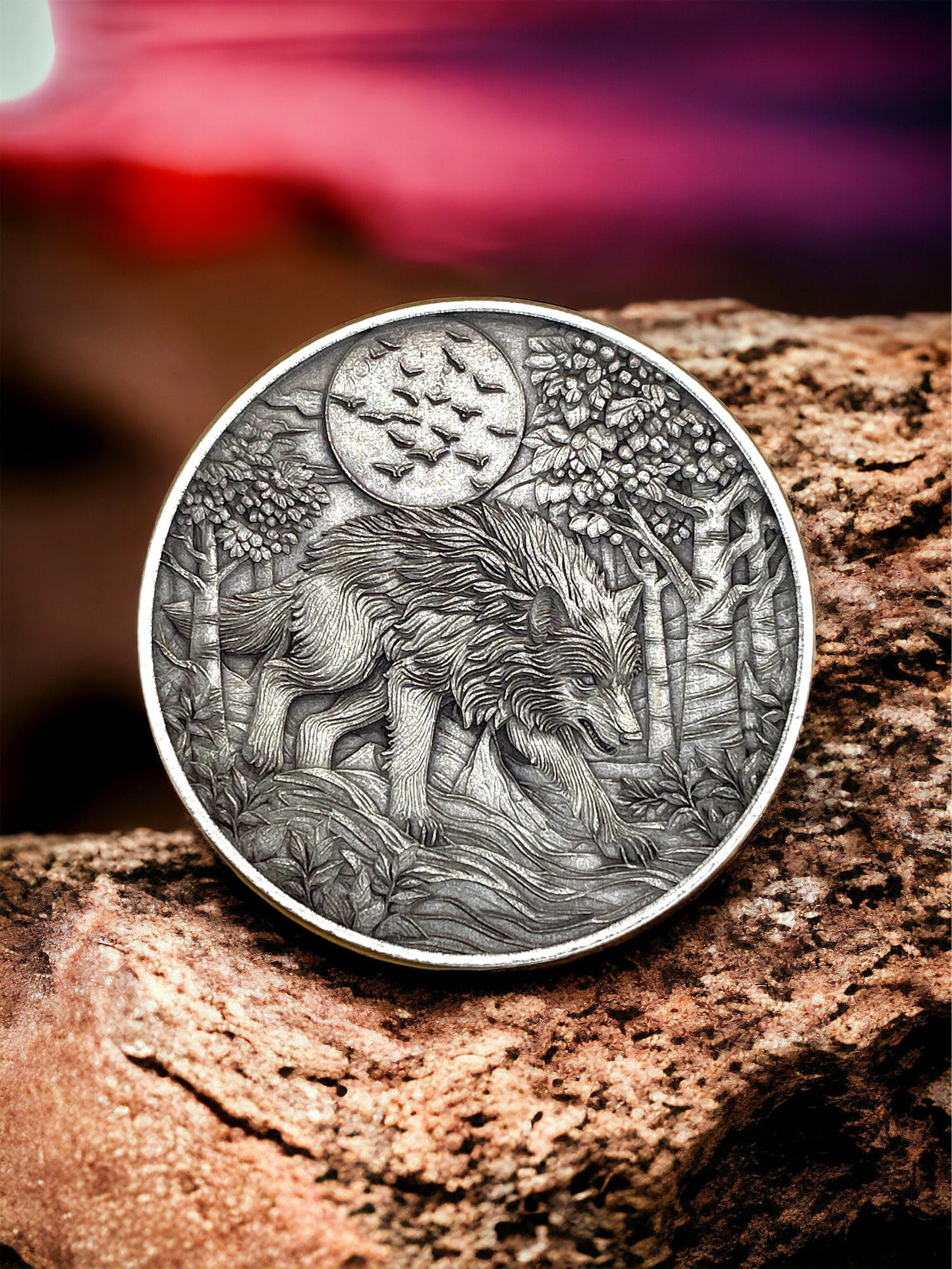 Moonlit Guardian - Brass Coin with Wolf
