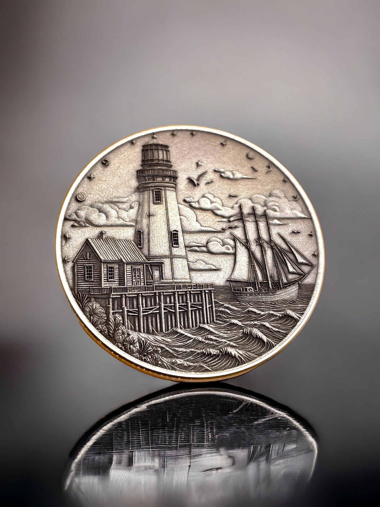 Guiding Waves - Brass Coin with Lighthouse and Boat
