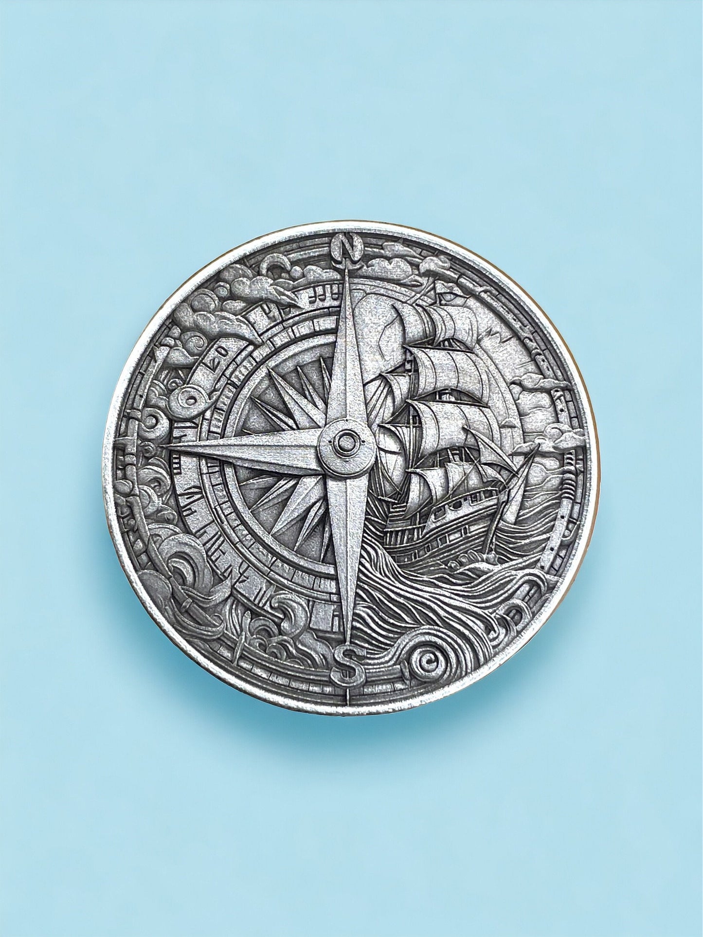 Voyager's Duality - Brass Coin with Compass and Pirate Ship