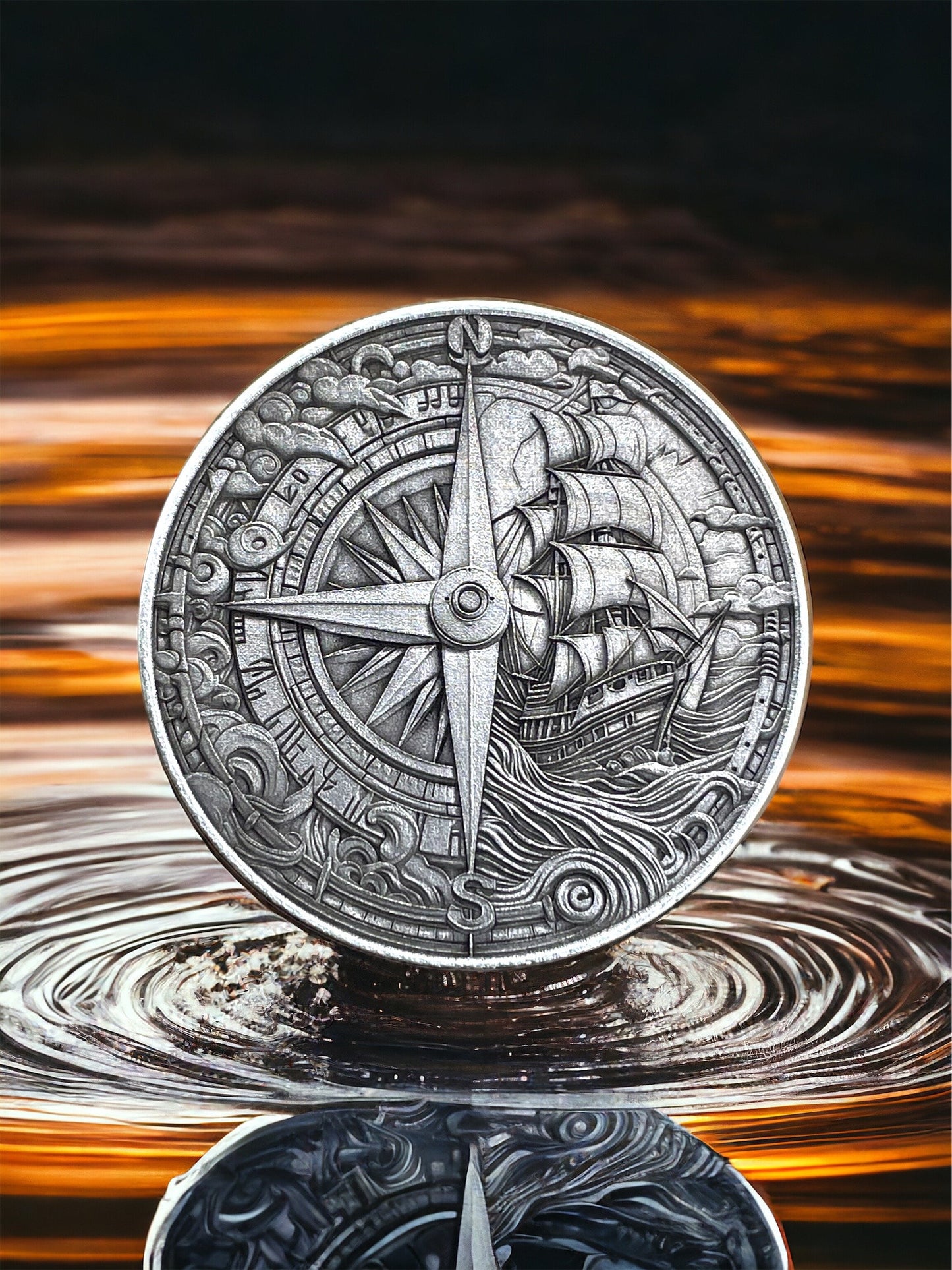 Voyager's Duality - Brass Coin with Compass and Pirate Ship