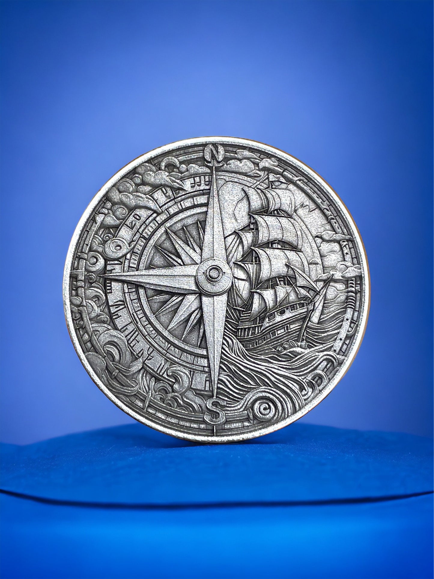 Voyager's Duality - Brass Coin with Compass and Pirate Ship