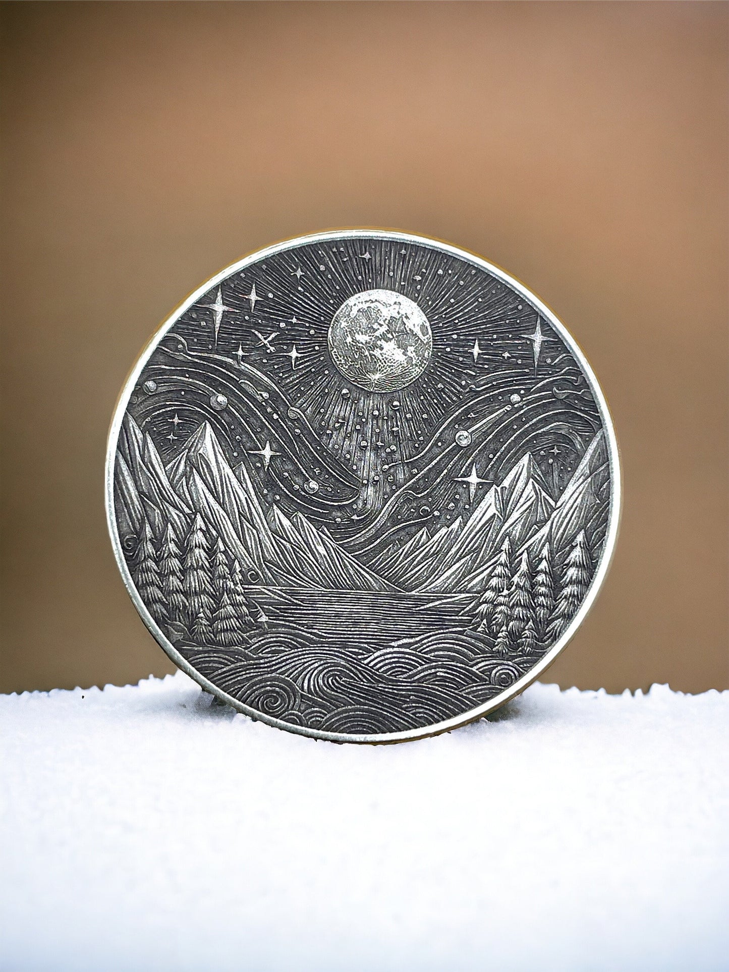 Majestic Moonrise - Brass Coin with Mountain Landscape and Moon