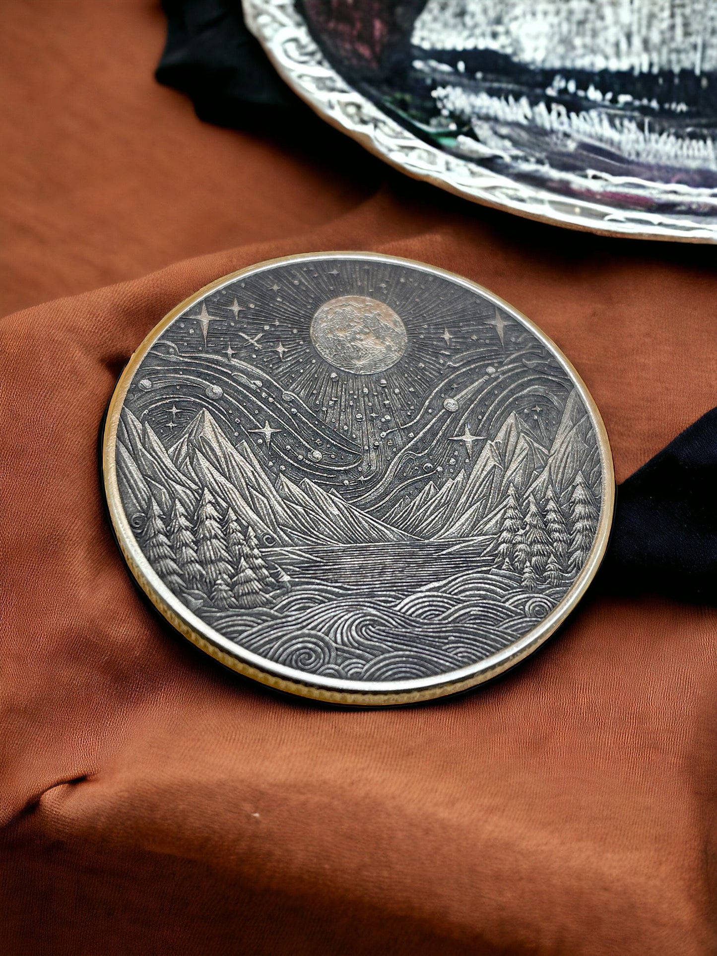 Majestic Moonrise - Brass Coin with Mountain Landscape and Moon