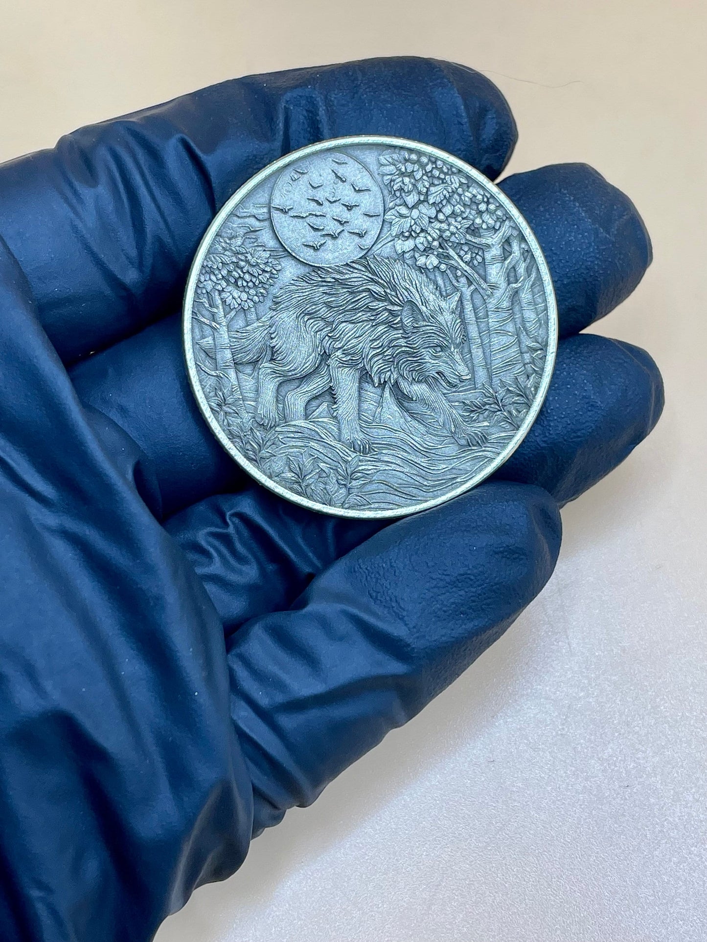 Moonlit Guardian - Brass Coin with Wolf