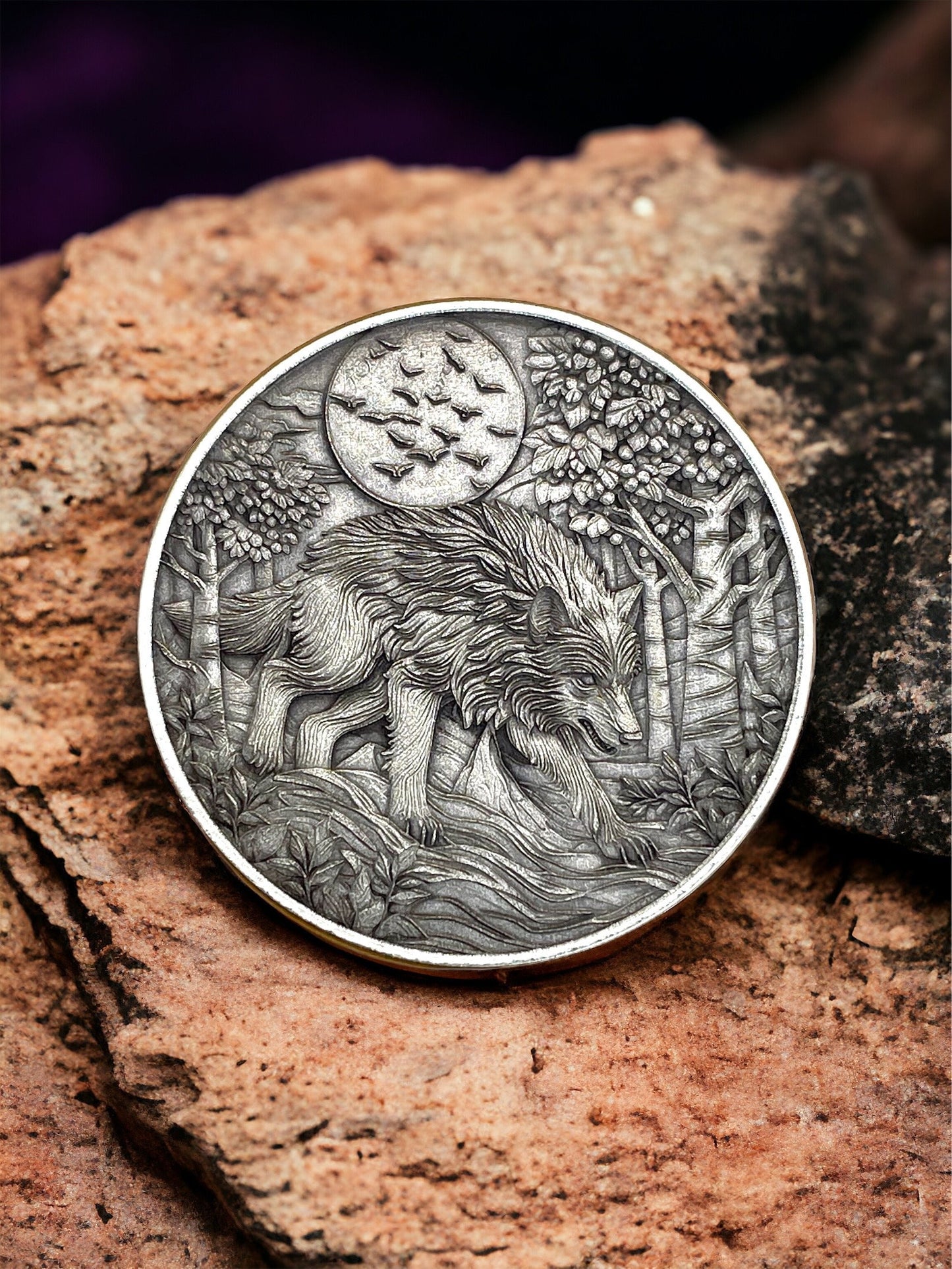 Moonlit Guardian - Brass Coin with Wolf