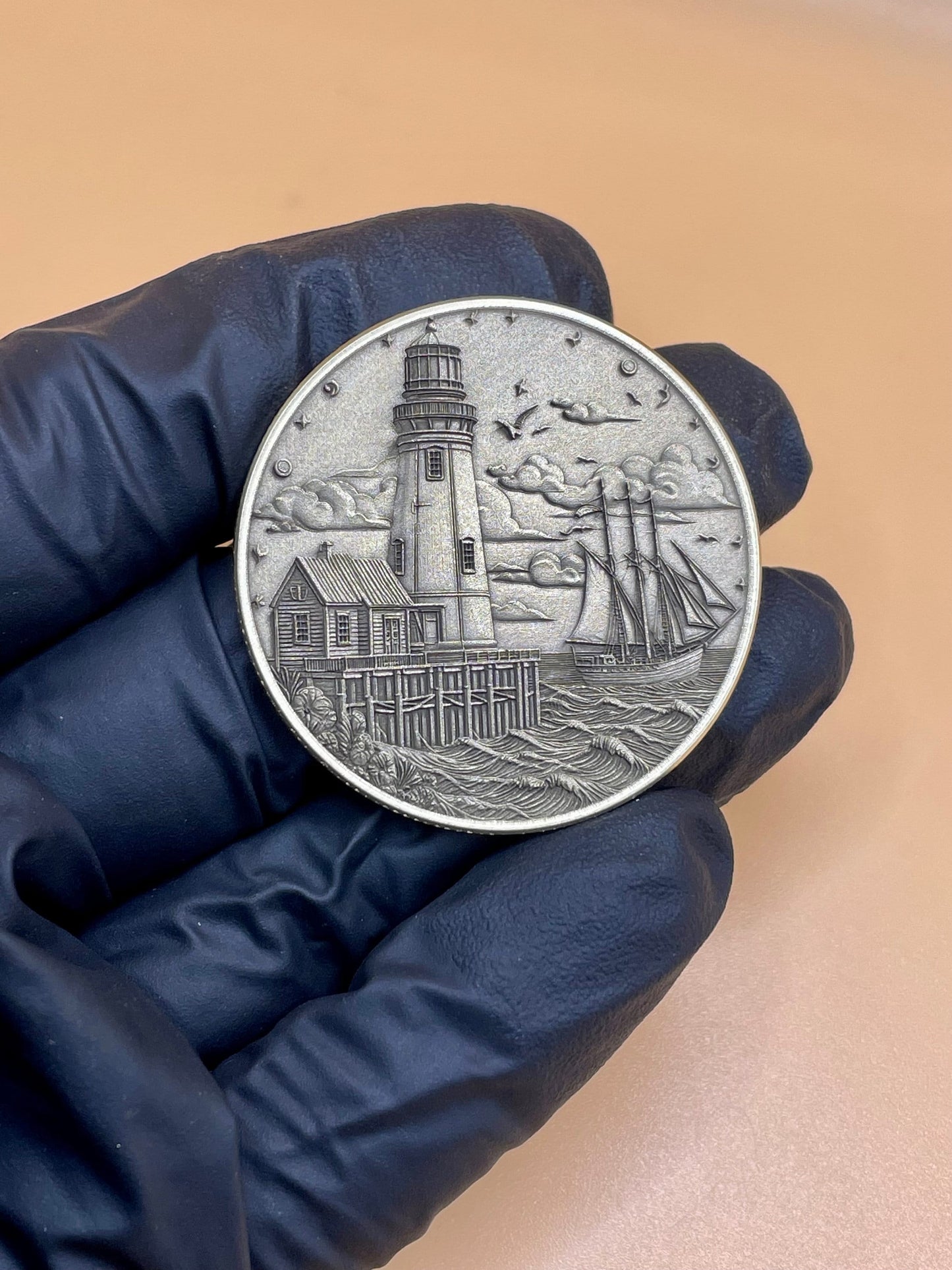Guiding Waves - Brass Coin with Lighthouse and Boat