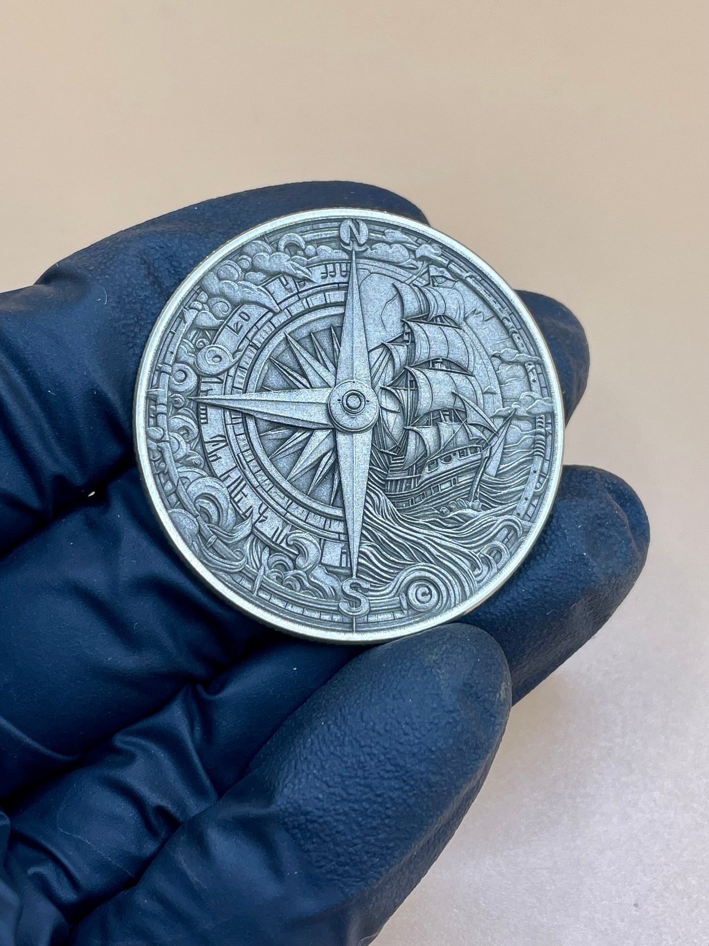 Voyager's Duality - Brass Coin with Compass and Pirate Ship