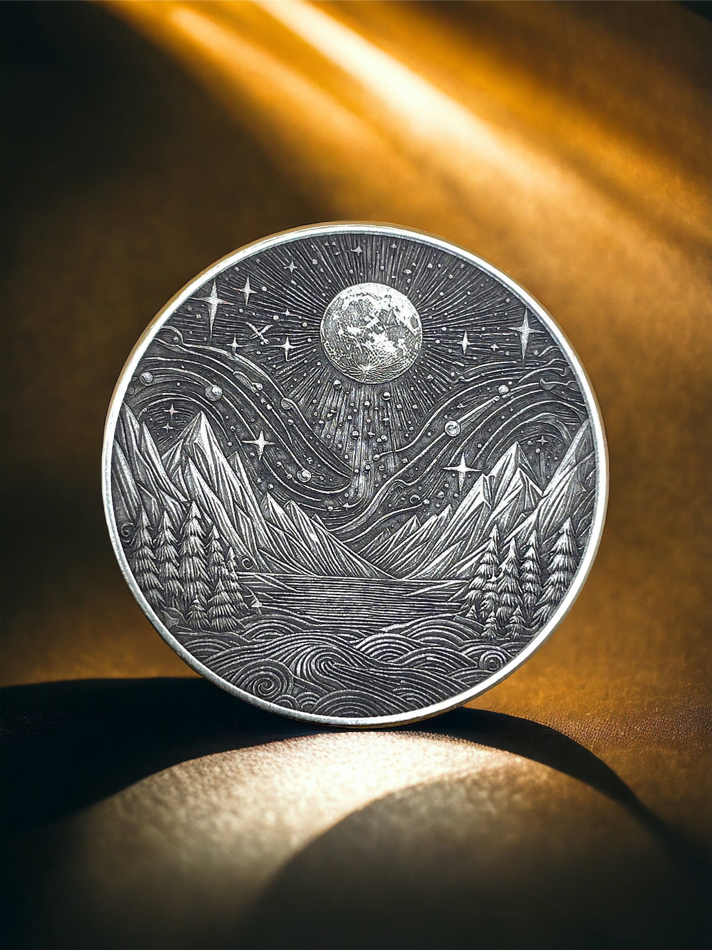 Majestic Moonrise - Brass Coin with Mountain Landscape and Moon