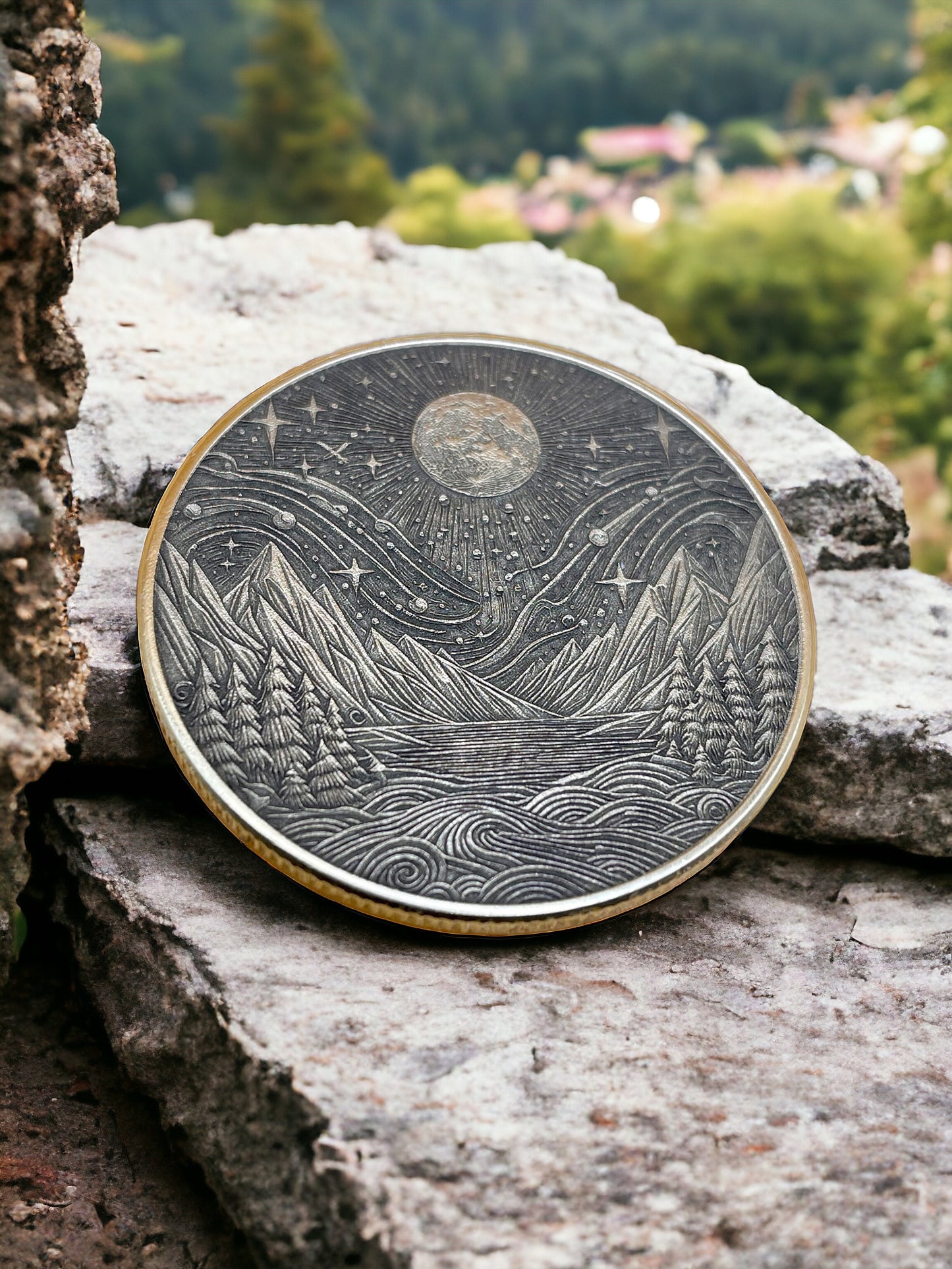 Majestic Moonrise - Brass Coin with Mountain Landscape and Moon