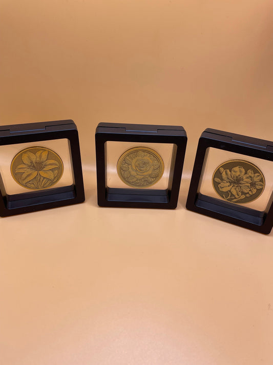 Botanical Brass Coin Set - Cherry Blossom, Rose, and Lily - Symbolic Beauty Collection