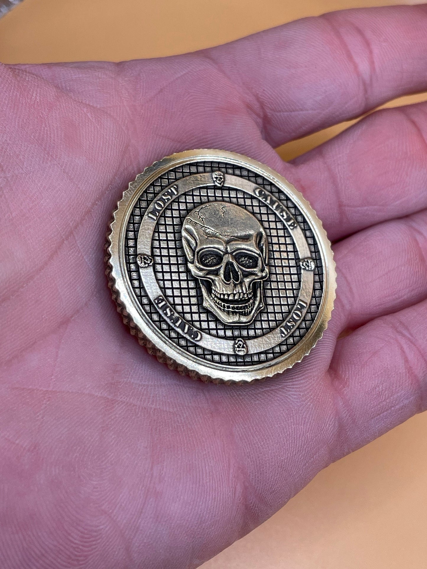 Lost Cause - Brass Coin with Skull and Crosshatch Design