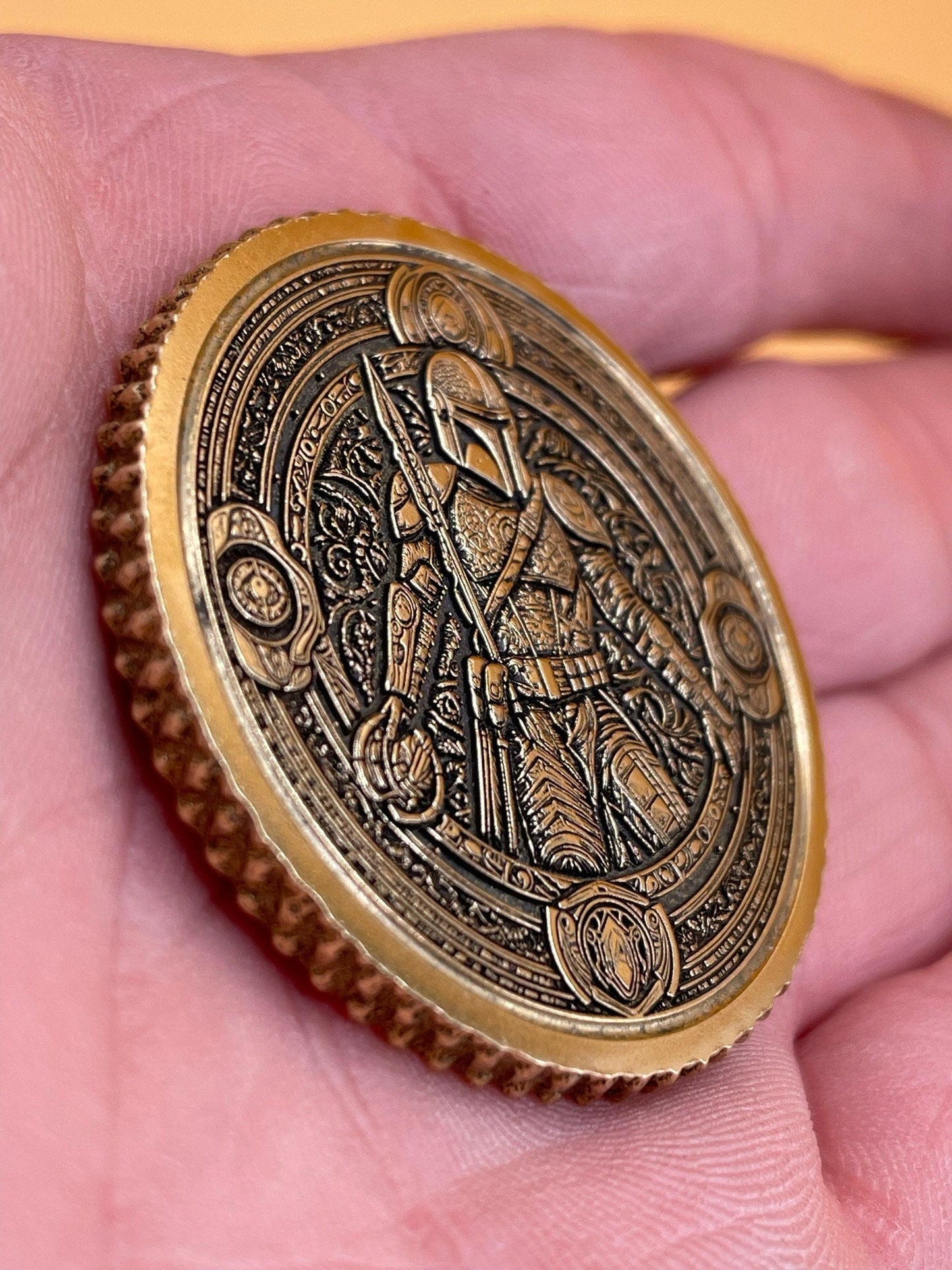 Legendary Bounty - Brass Coin or Pendant with Mandalorian and Scrollwork Patterns