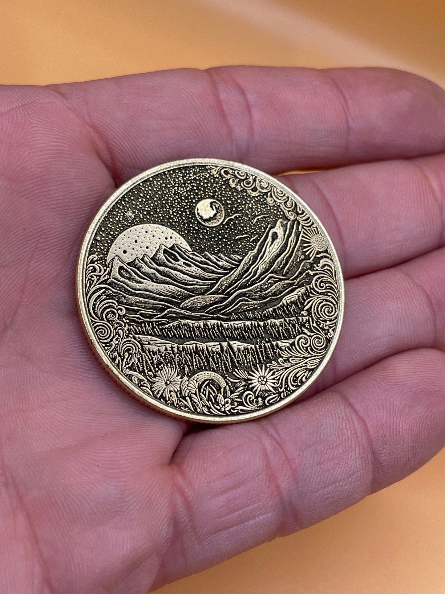 Celestial Peaks - Brass Coin with Mountain Landscape and Dual Moons