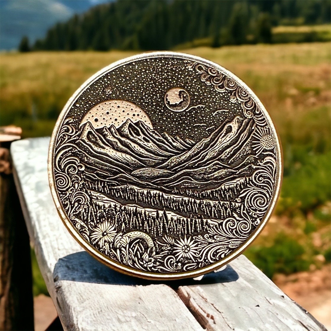 Celestial Peaks - Brass Coin with Mountain Landscape and Dual Moons