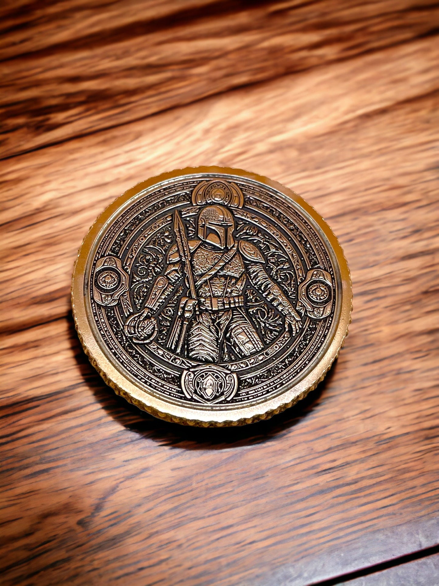 Legendary Bounty - Brass Coin or Pendant with Mandalorian and Scrollwork Patterns