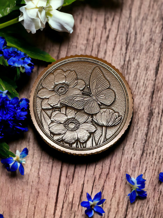 Graceful Landing - Butterfly and Floral Delight Brass Coin