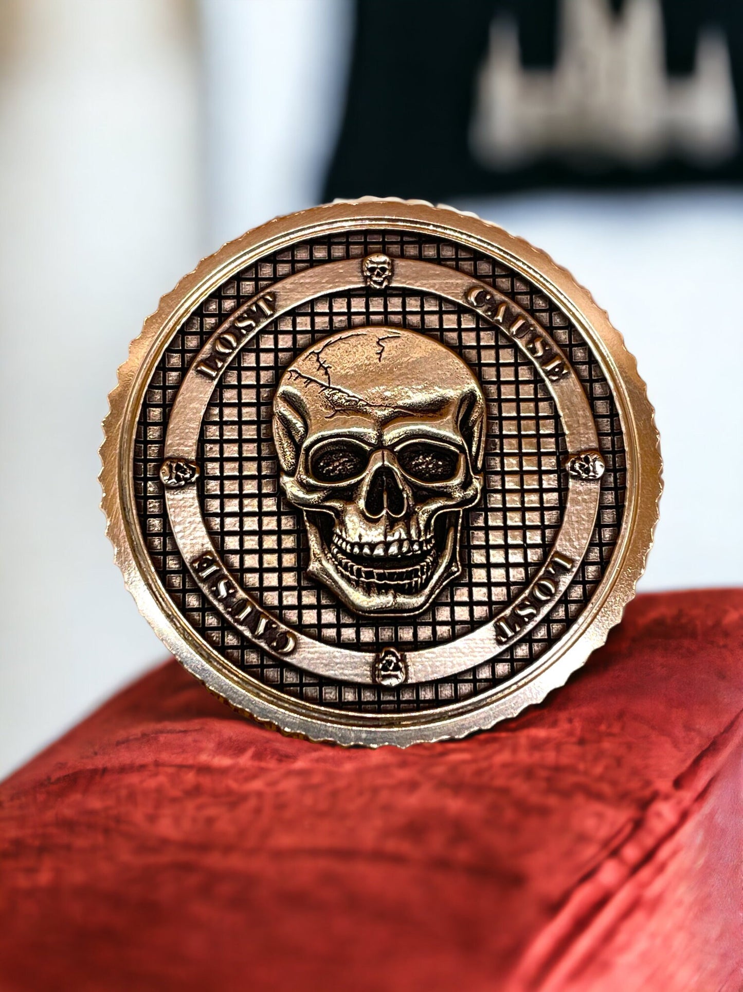 Lost Cause - Brass Coin with Skull and Crosshatch Design