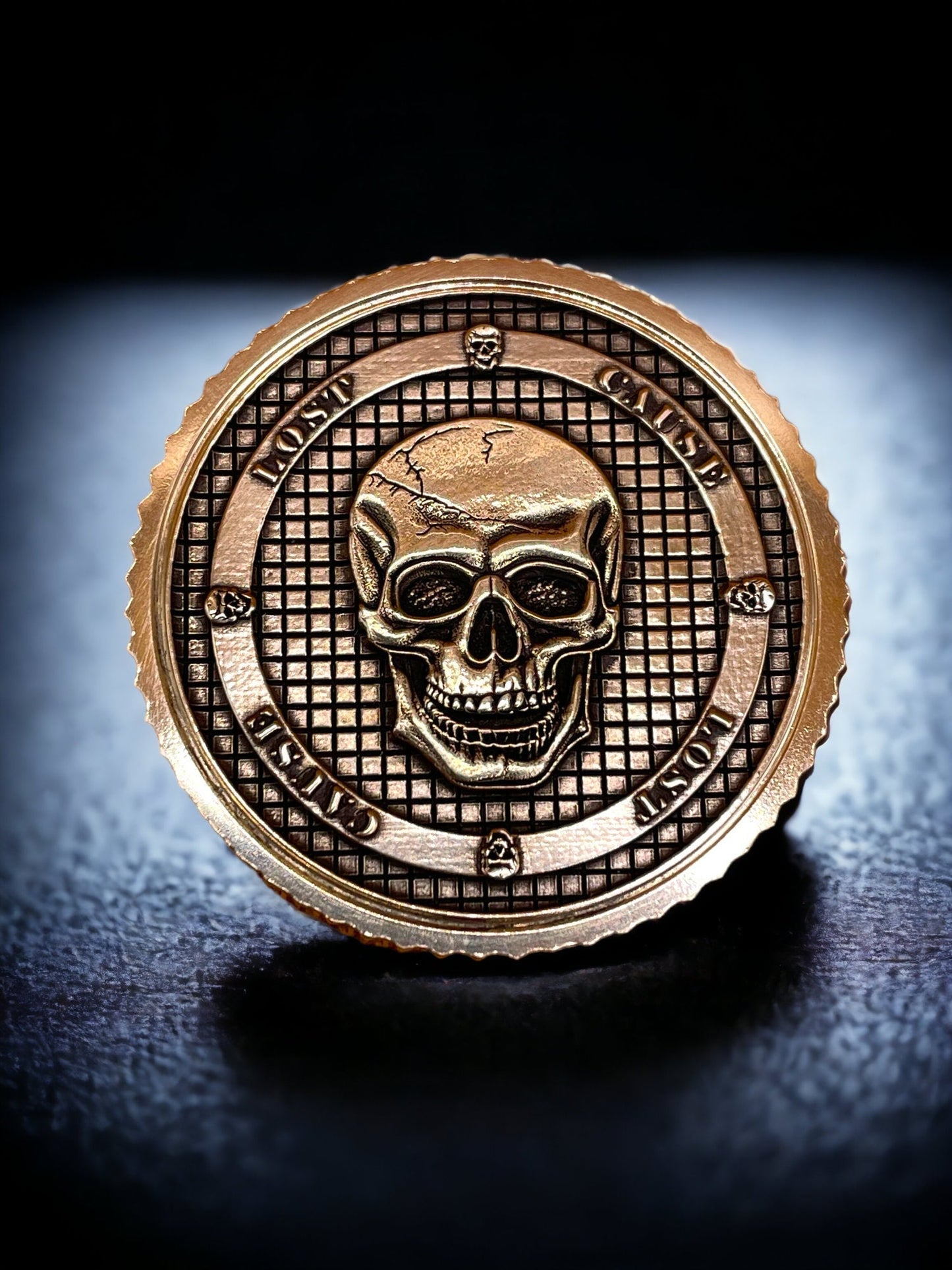 Lost Cause - Brass Coin with Skull and Crosshatch Design