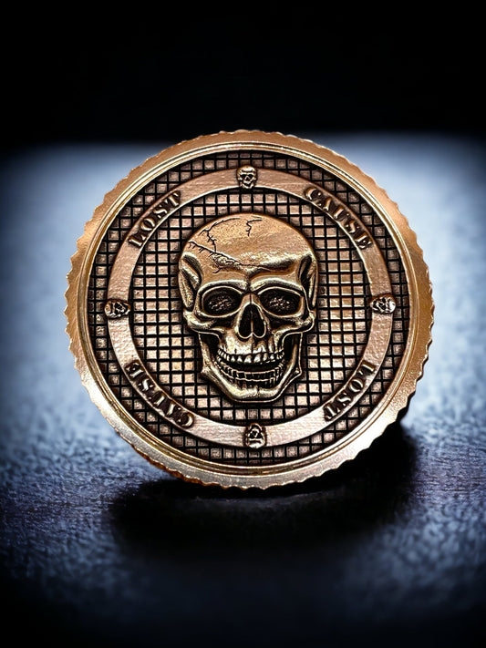 Lost Cause - Brass Coin with Skull and Crosshatch Design