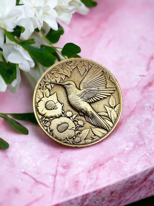 Graceful Flutter - Brass Coin with Hummingbird and Floral Delight
