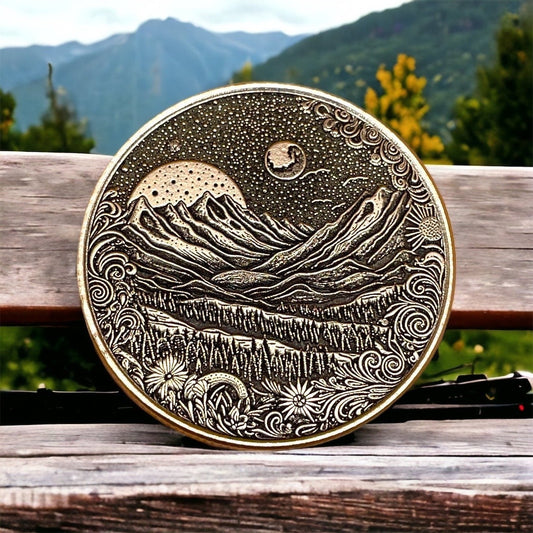 Celestial Peaks - Brass Coin with Mountain Landscape and Dual Moons