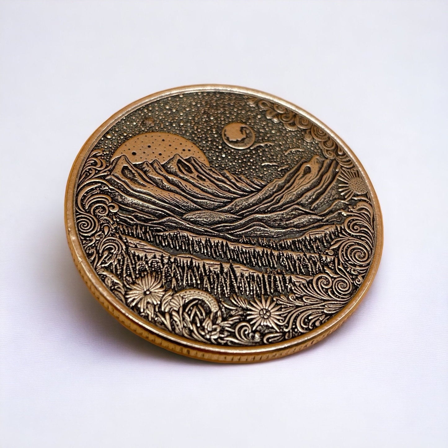 Celestial Peaks - Brass Coin with Mountain Landscape and Dual Moons