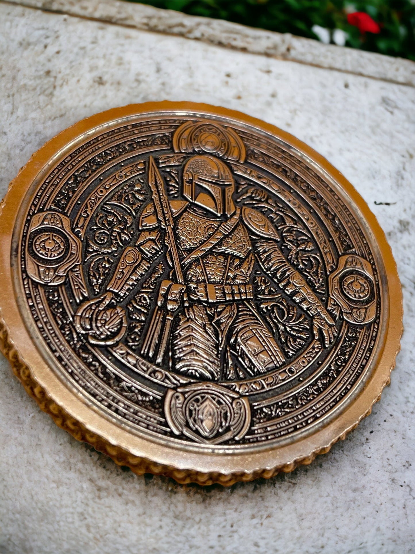 Legendary Bounty - Brass Coin or Pendant with Mandalorian and Scrollwork Patterns