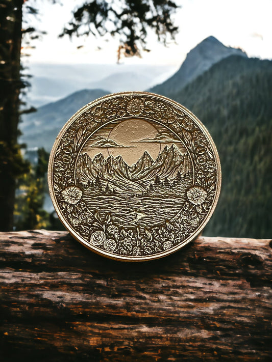 Sunset Serenity - Mountain and Tree Landscape Brass Coin