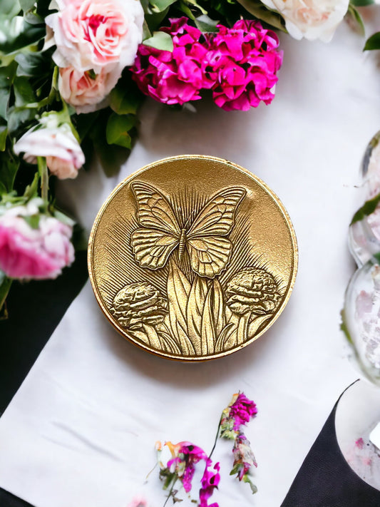 Whimsical Flutter - Brass Coin with Butterfly and Hydrangeas