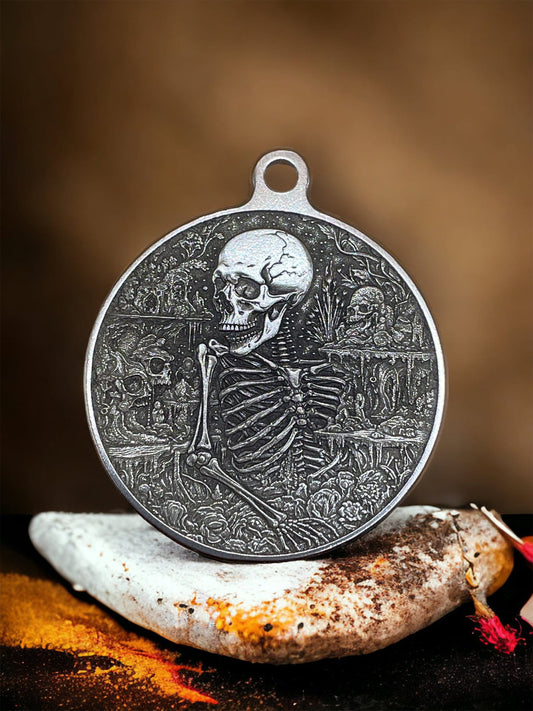 Bones of Contemplation - 44mm Brass Pendant with Skeleton Engraving