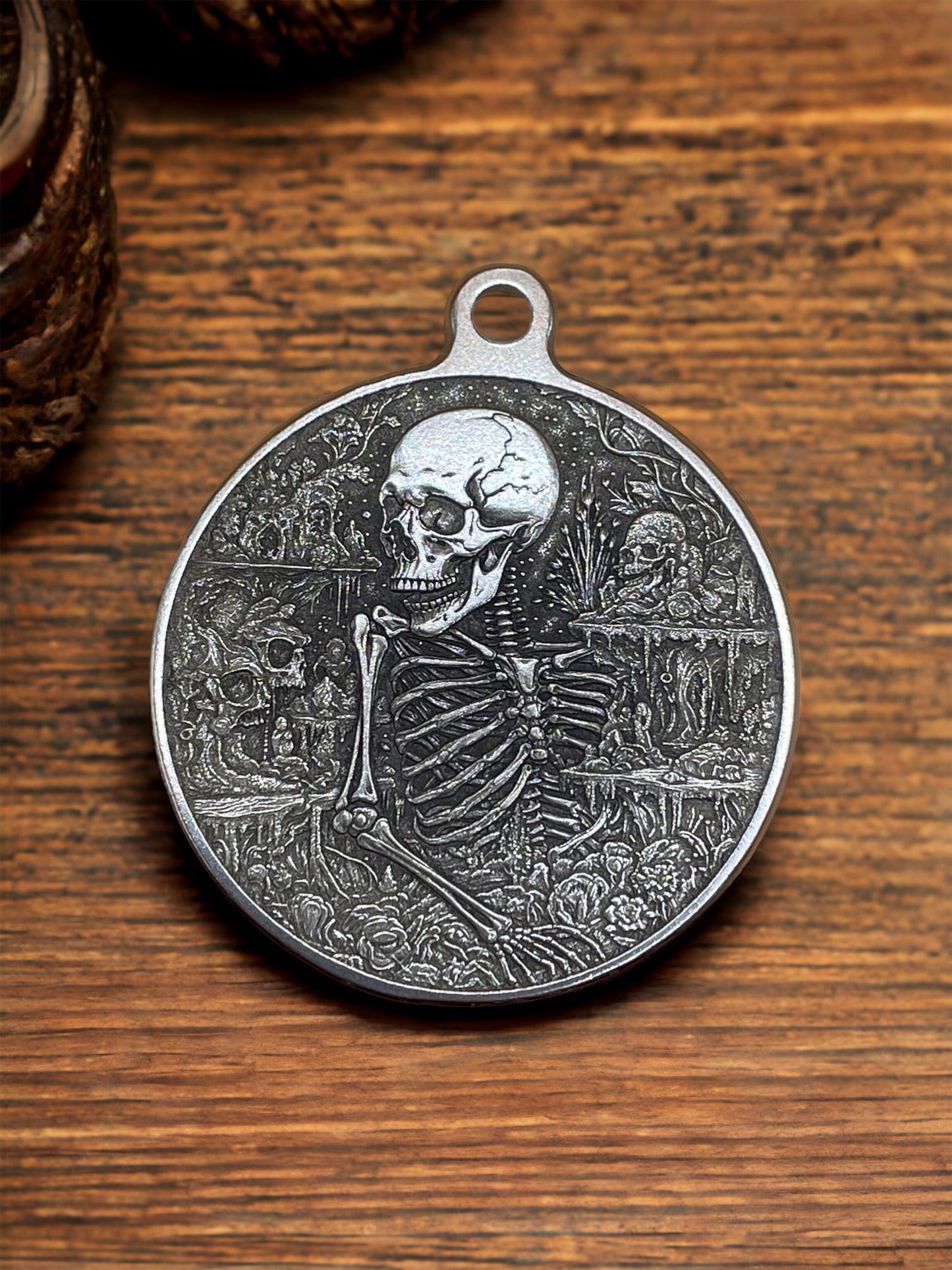 Bones of Contemplation - 44mm Brass Pendant with Skeleton Engraving