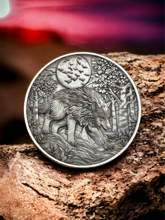 Moonlit Guardian - Brass Coin with Wolf