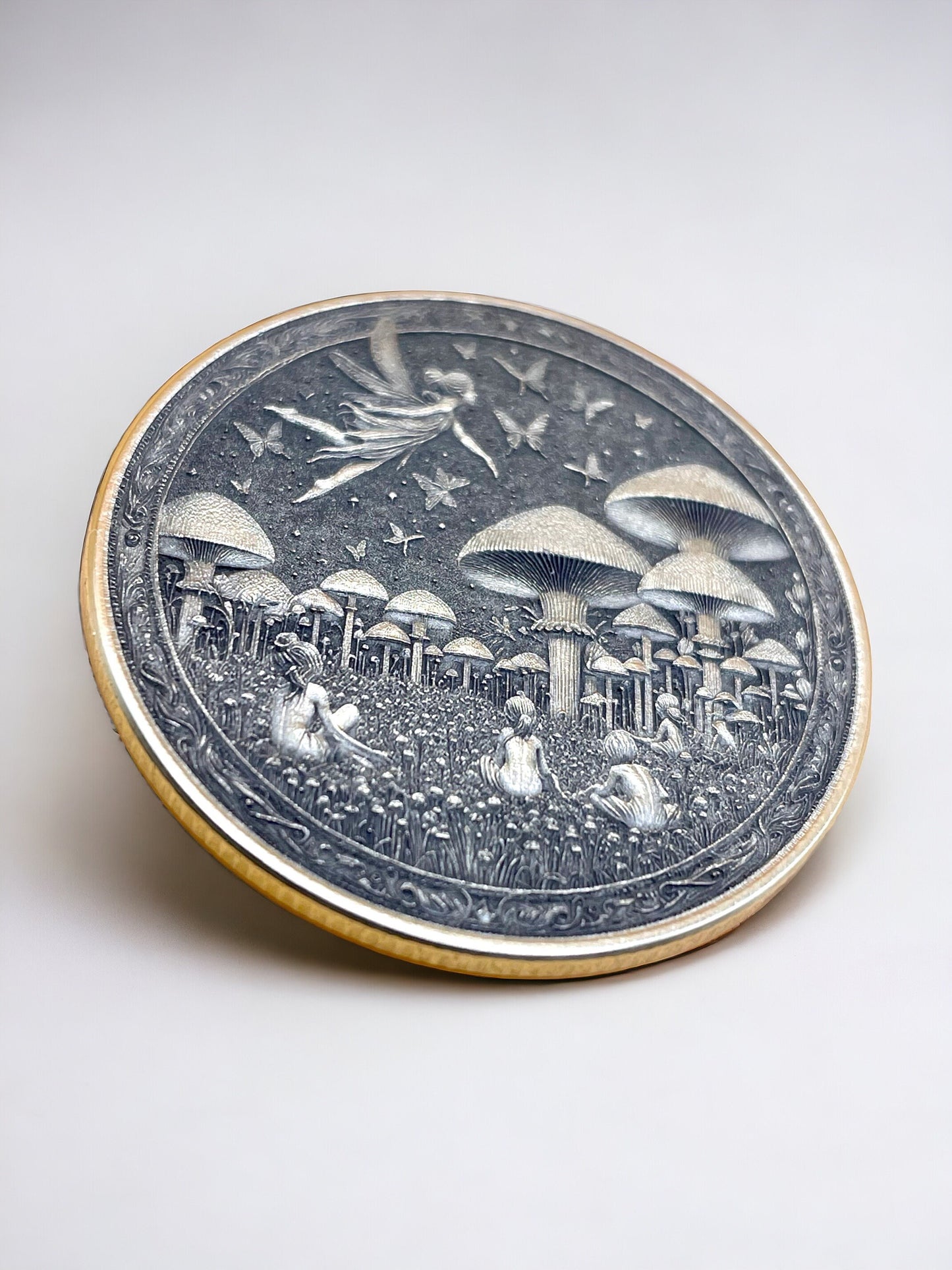 Enchanted Whimsy - Brass Coin with Fairy and Mushroom Grove