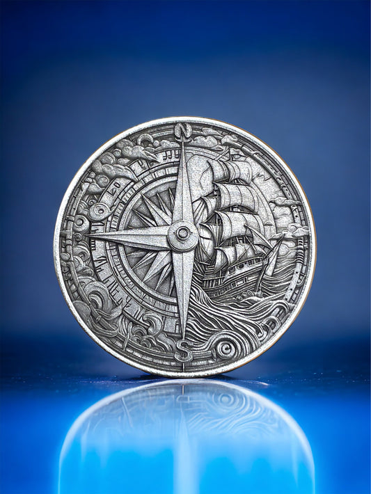 Voyager's Duality - Brass Coin with Compass and Pirate Ship