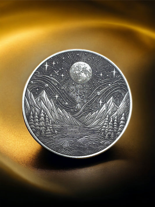 Majestic Moonrise - Brass Coin with Mountain Landscape and Moon