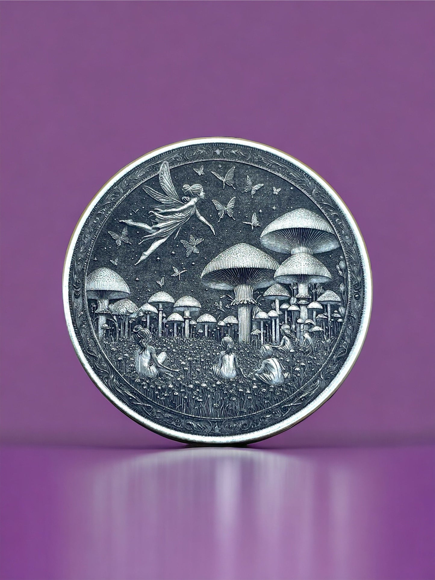 Enchanted Whimsy - Brass Coin with Fairy and Mushroom Grove