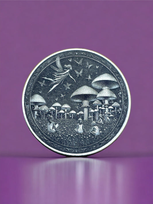 Enchanted Whimsy - Brass Coin with Fairy and Mushroom Grove