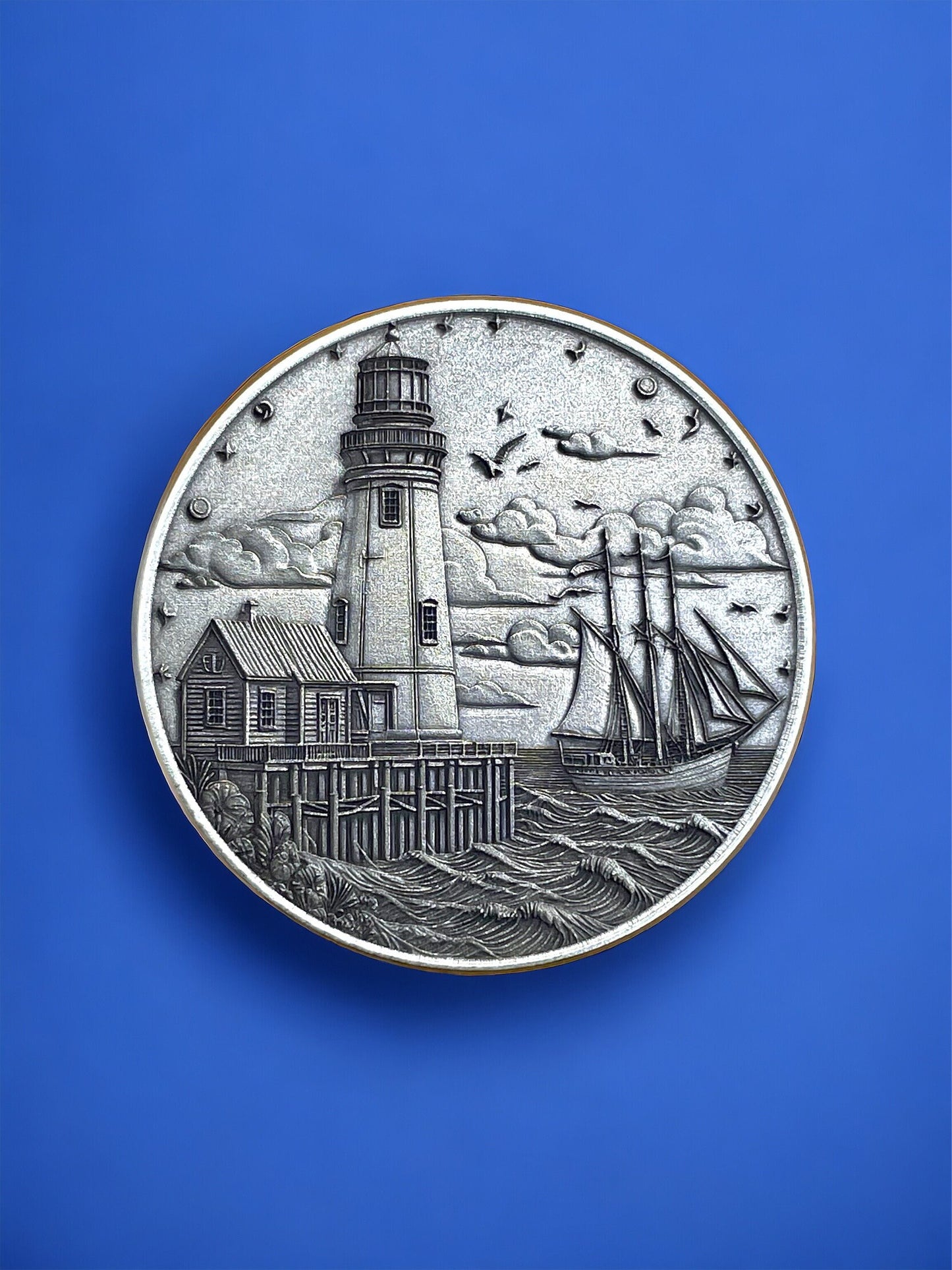 Guiding Waves - Brass Coin with Lighthouse and Boat